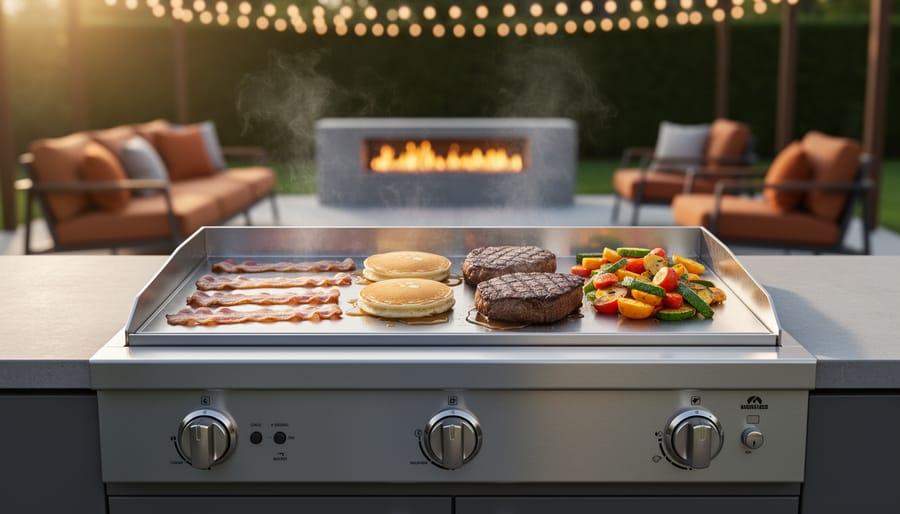 Outdoor flat-top gas griddle on a patio cooking bacon, pancakes, steak, and vegetables at golden hour, with blurred seating, string lights, and a fire feature in the background.