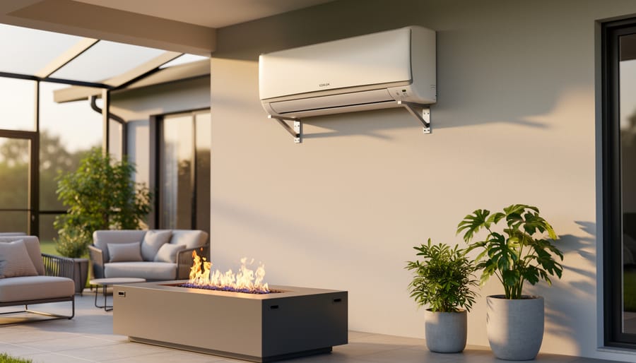 Modern ductless mini-split outdoor heating and cooling unit on a covered patio wall, with cushioned seating, a low fire table, and potted plants softly blurred in the background at golden hour.