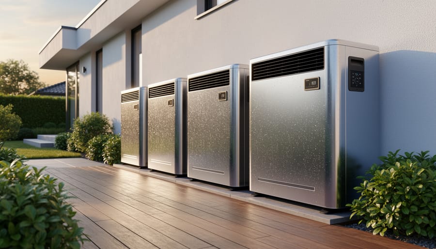 Outdoor heating and cooling unit mounted on porch wall with outdoor living space visible