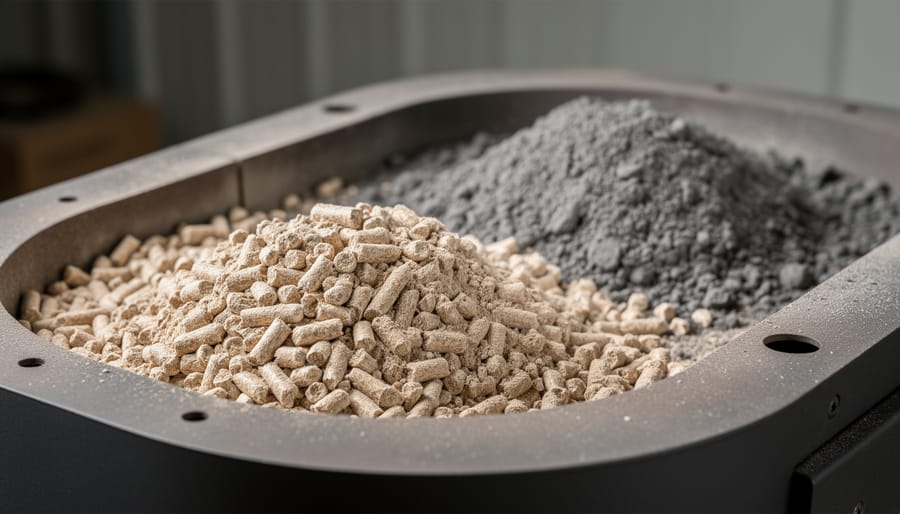 Pellet stove burn pot showing ash residue and active flames