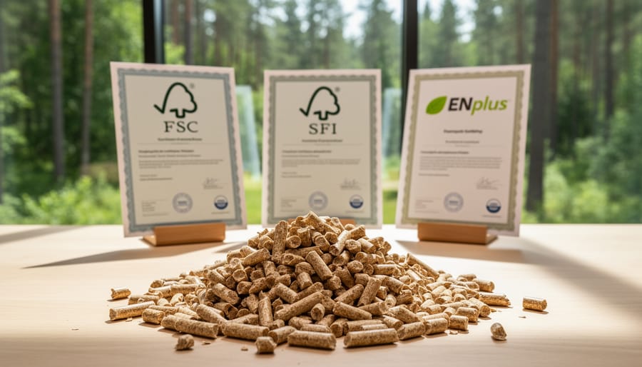 Forest certification seals on wood pellet packaging