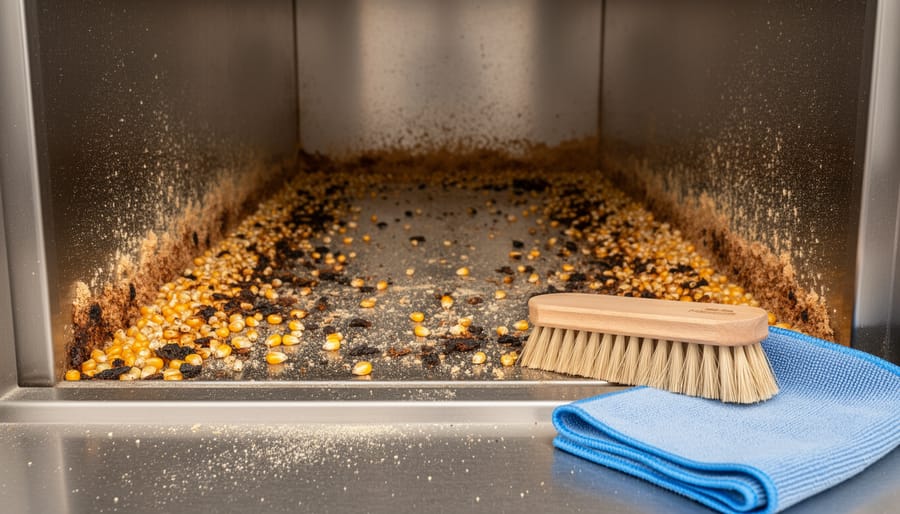 Close-up of unpopped kernels and residue inside popcorn maker chamber