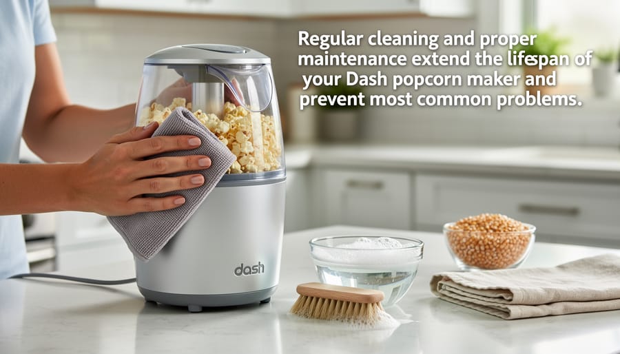 Clean Dash popcorn maker with cleaning supplies on kitchen counter