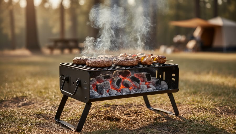 Overhead view of dual-burner camp stove cooking breakfast with eggs and bacon
