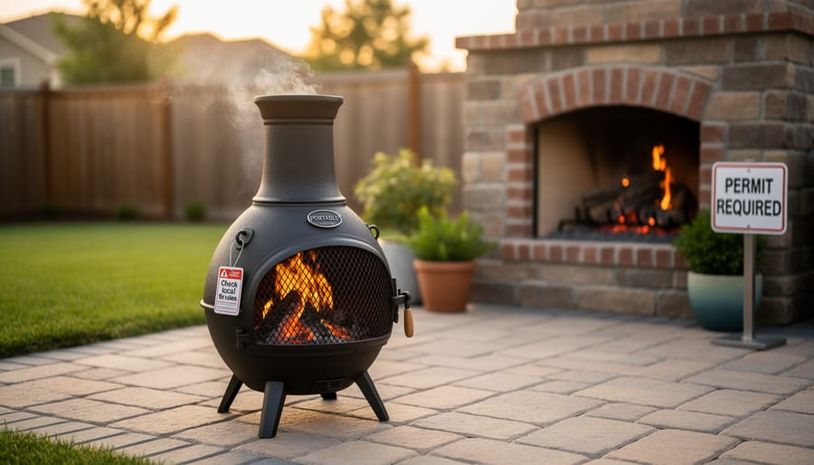 Portable clay chiminea on residential patio with outdoor seating