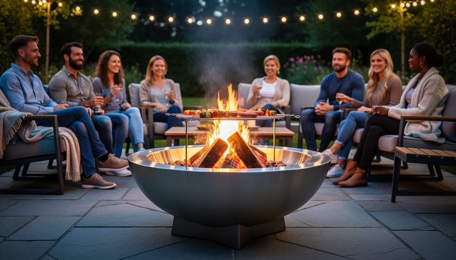 Portable charcoal grill with glowing coals cooking steaks at outdoor campsite