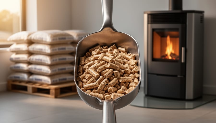 Close-up of uniform hardwood pellets in a metal scoop at eye level, with a softly blurred modern pellet stove glowing in the background and unbranded sealed pellet bags stacked on a wooden pallet.