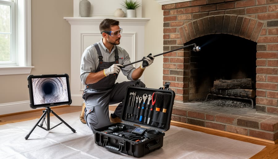 Certified chimney sweep performing professional inspection with specialized camera equipment
