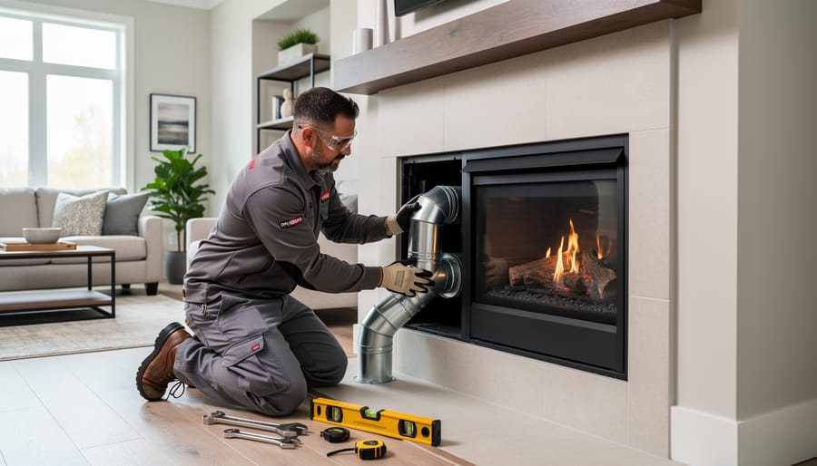 Professional chimney technician inspecting fireplace insert venting system