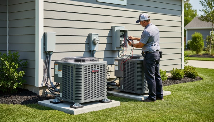 HVAC technician installing electrical connections on outdoor heating and cooling unit