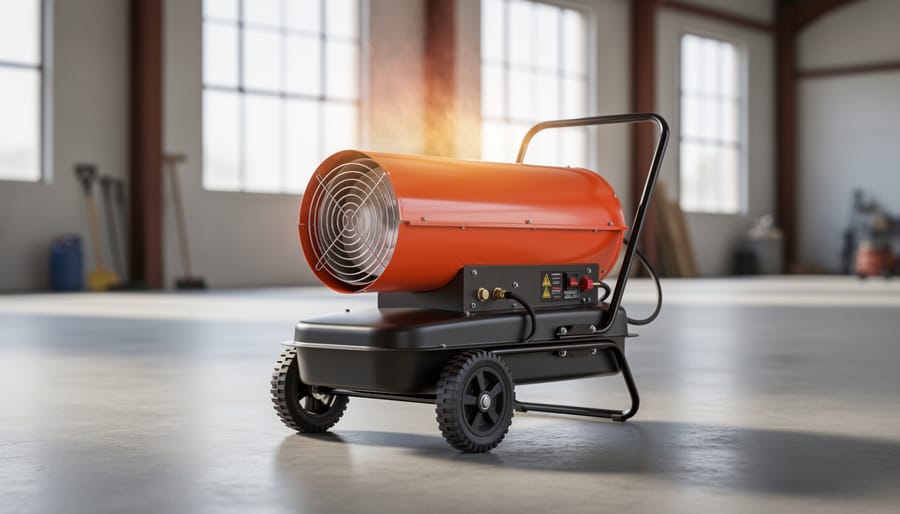 Freestanding propane patio heater in large open backyard at sunset