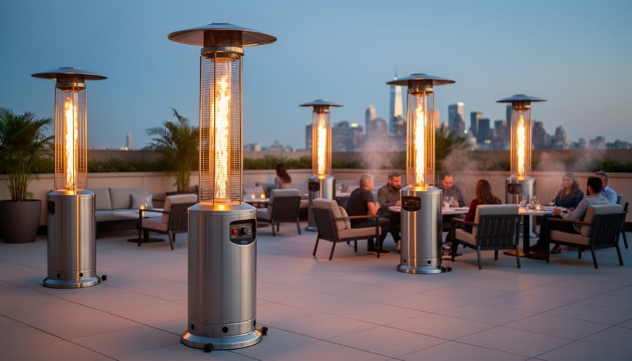 Tall propane patio heater with visible flame on outdoor patio at dusk
