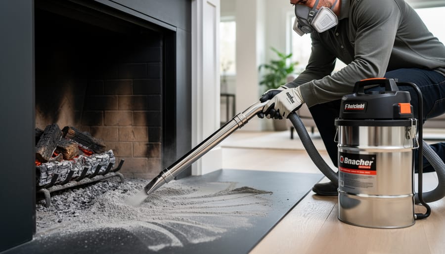 Person using ash vacuum with proper technique to clean fireplace hearth