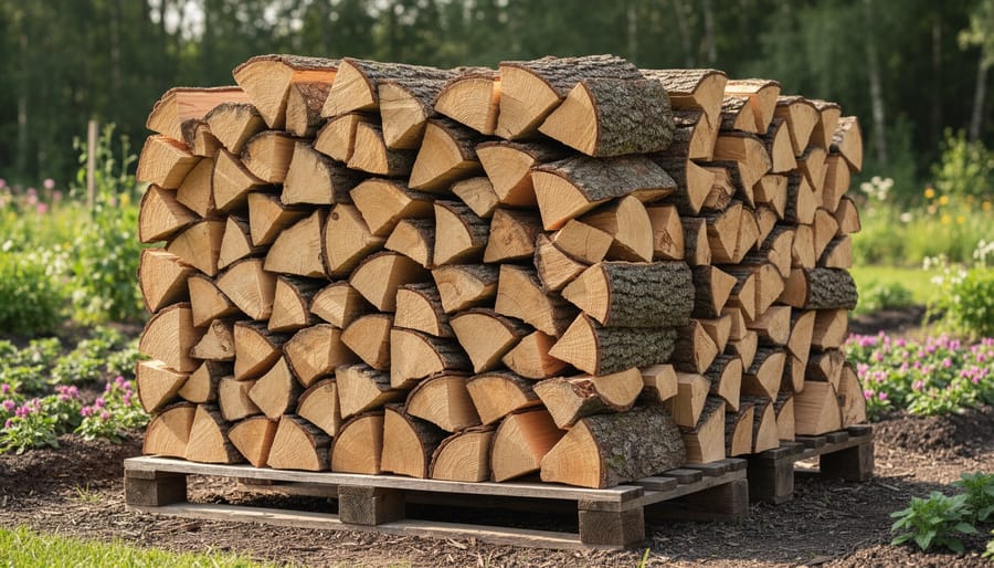 Close-up of properly stacked firewood showing air gaps between split logs