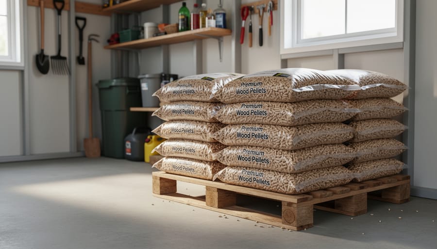 Organized garage storage with pellet fuel bags stacked on pallets