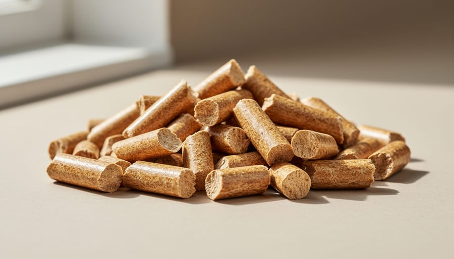 Close-up of premium wood pellet fuel showing cylindrical shape and smooth texture