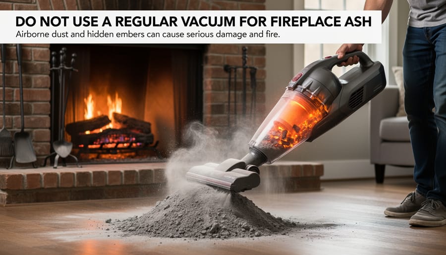 Household vacuum near fireplace with dust particles escaping showing dangers of improper ash cleaning