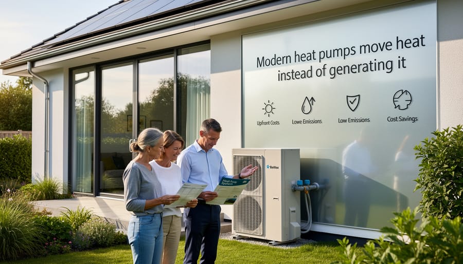 Modern heat pump unit installed on exterior wall of residential home