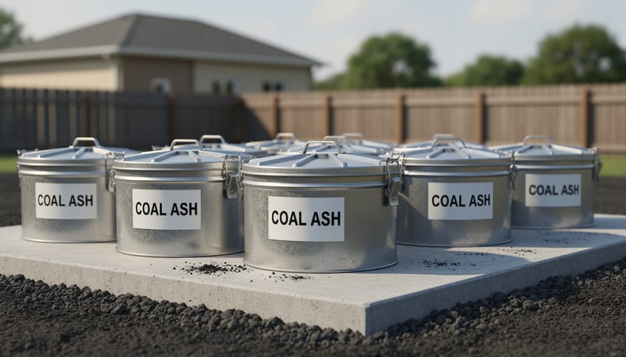 Metal ash container with lid on concrete surface positioned safely away from house