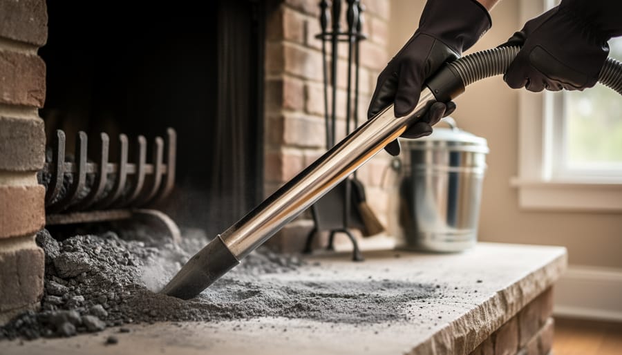 Gloved hands using a metal ash vacuum with a heat-resistant hose to clean cold ash inside a wood-burning fireplace, with a mantel, tools, and lidded metal ash bucket softly blurred in the background.