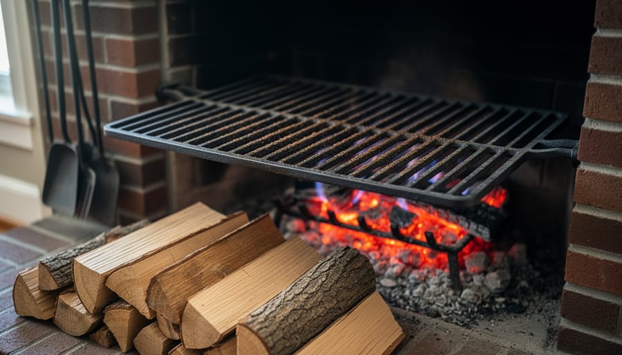 Cast-iron grill grate over glowing embers in a brick fireplace with a tidy stack of split seasoned oak and maple logs in the foreground, thin clean smoke and warm firelight suggesting a safe indoor grilling setup.