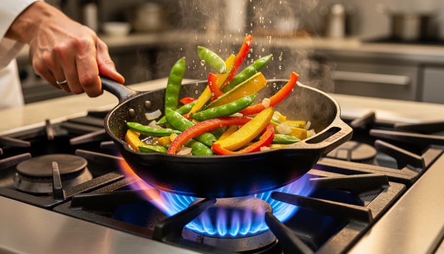 Overhead view of vegetables being sautéed in pan over gas flame with wooden spatula