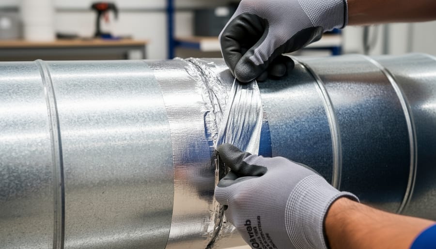 Hand applying specialized high-temperature tape to seal HVAC duct joint
