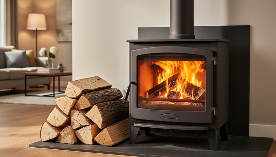 Homeowner preparing seasoned firewood beside fireplace demonstrating proper maintenance practices