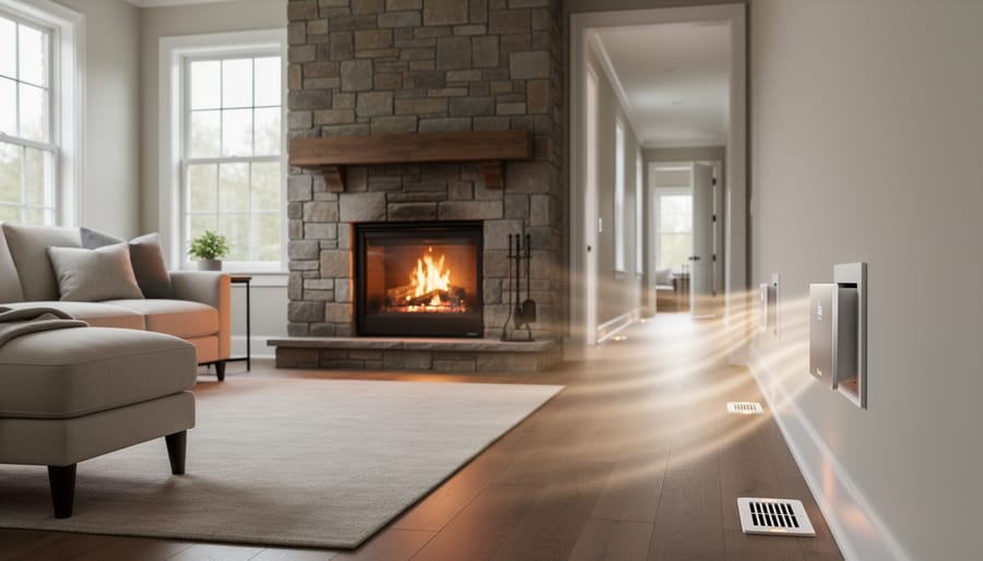 Cozy living room with active fireplace and family relaxing on sofa in warm ambient lighting