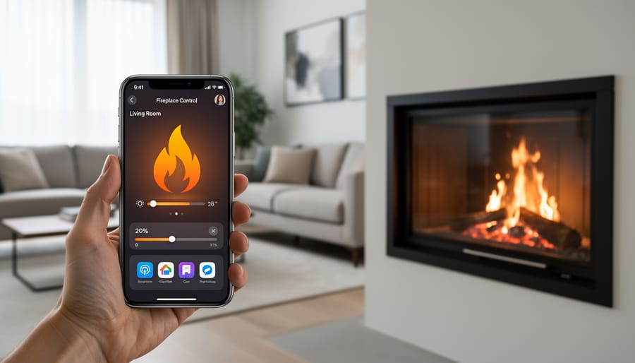 Person controlling fireplace system via smartphone app while relaxing at home