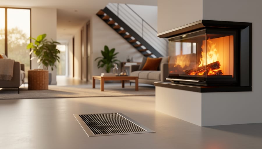 Modern living room with an active fireplace insert and a smart floor vent in the foreground, warmly lit, with a softly blurred hallway and staircase in the background.