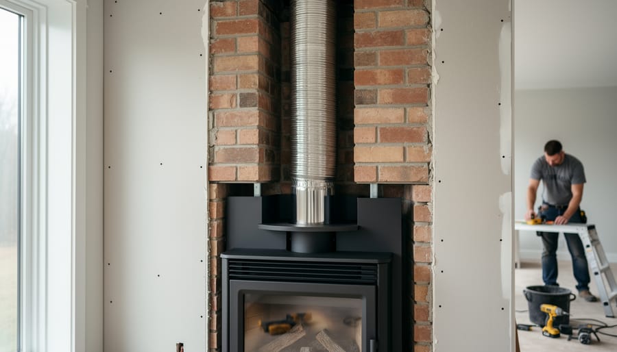 Close-up view of stainless steel chimney liner pipe interior