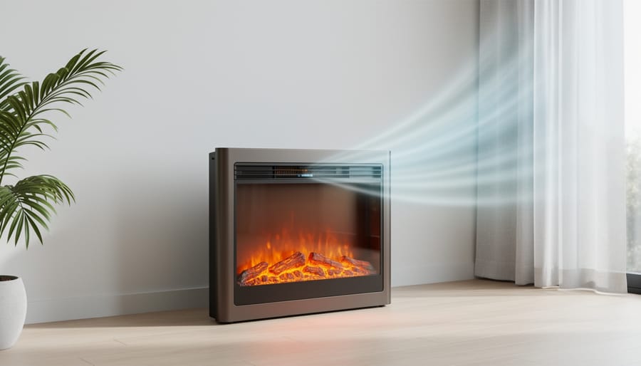 Woman enjoying electric fireplace ambiance during summer without heating function