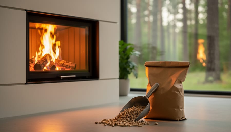 Open bag and metal scoop of wood pellets in front of a modern pellet fireplace insert, warmly lit with a blurred forest view through the window.