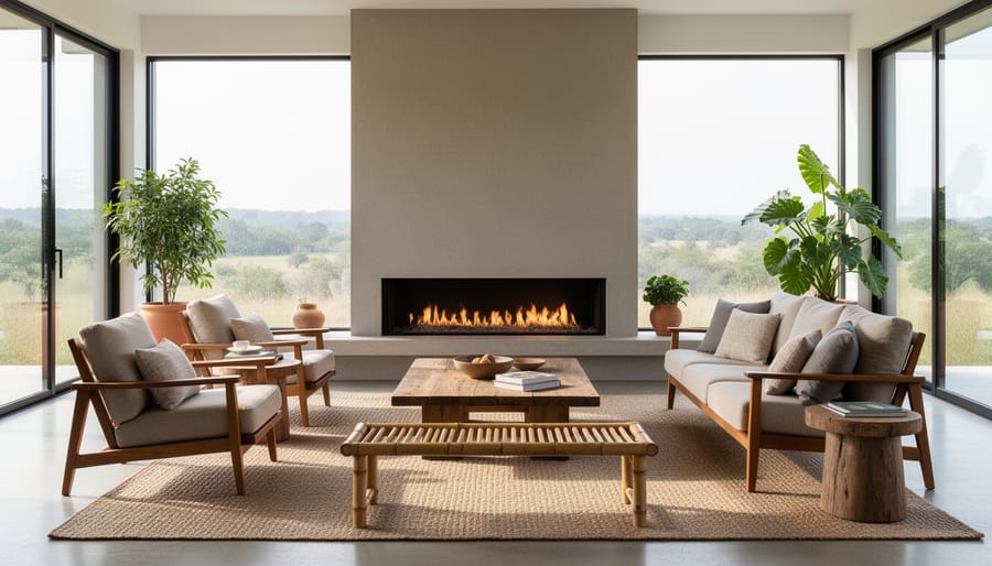 Overhead view of eco-friendly seating arrangement around four-sided fireplace with natural materials