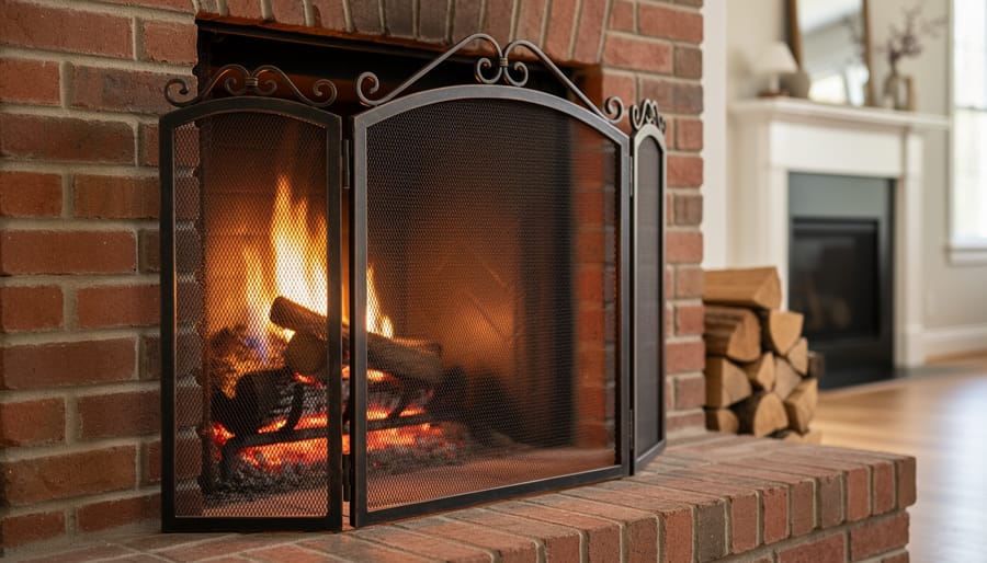 Wrought iron three-panel fireplace screen with fine mesh and angled side panels protecting a wood-burning fire in a brick hearth, with a softly blurred mantel and stacked logs in the background.