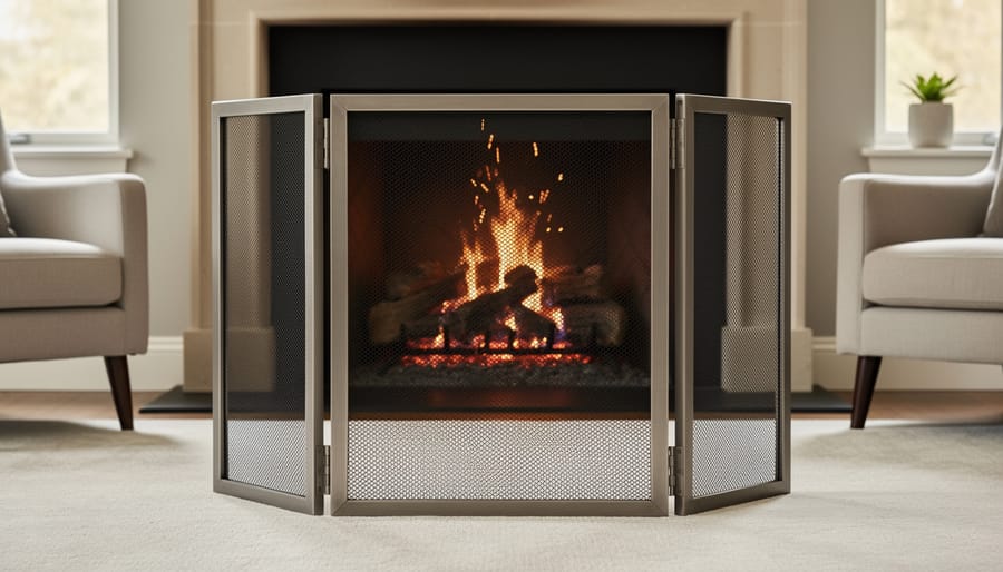 Three-panel black wrought iron fireplace screen positioned in front of active burning fireplace