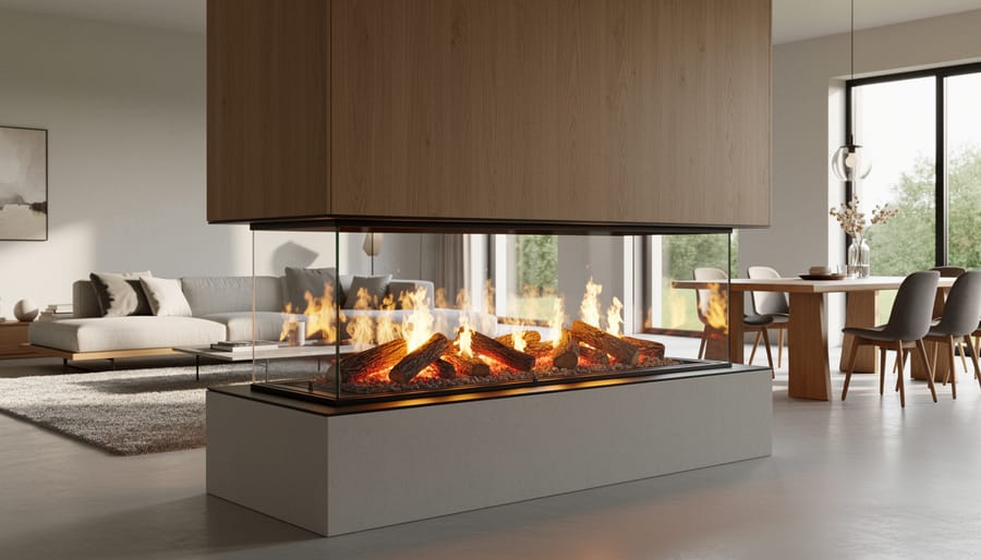 Modern 3-sided gas fireplace with visible flames through three glass panels in contemporary living space