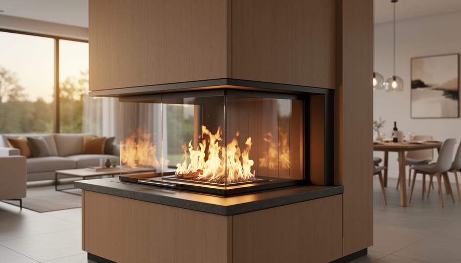 Modern three-sided peninsula gas fireplace dividing an open-concept living and dining area, flames visible through three glass panels with warm wood and charcoal finishes under evening light.