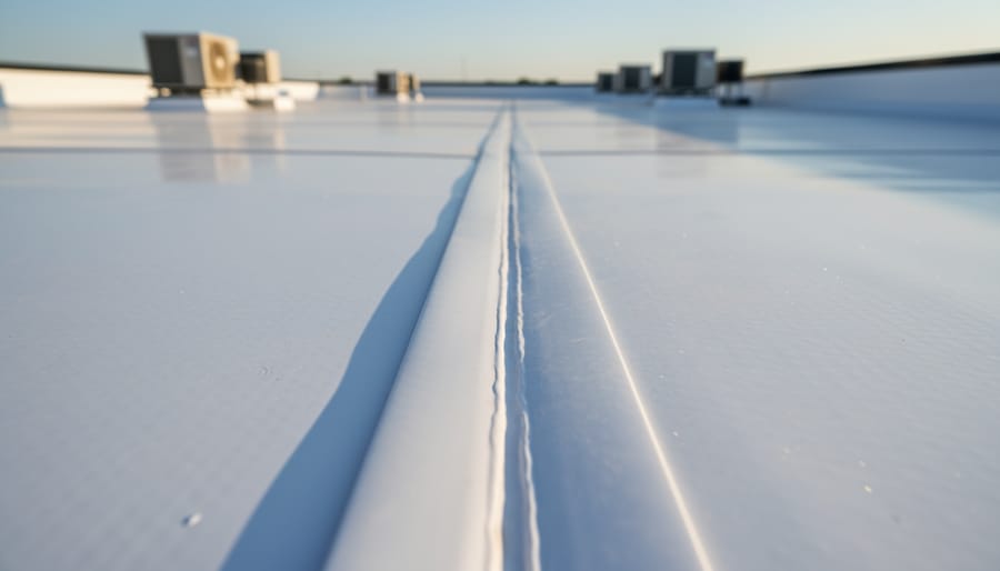 Close-up detail of white TPO roofing membrane showing textured surface and welded seam
