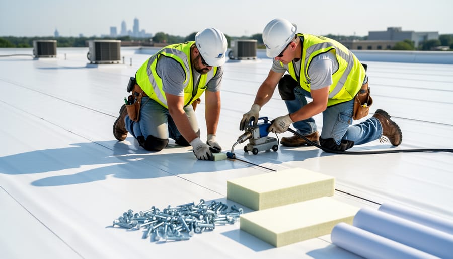 Roofing contractors installing white TPO membrane on residential flat roof