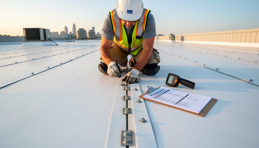 Professional roofing contractor inspecting TPO roof seams during quality check