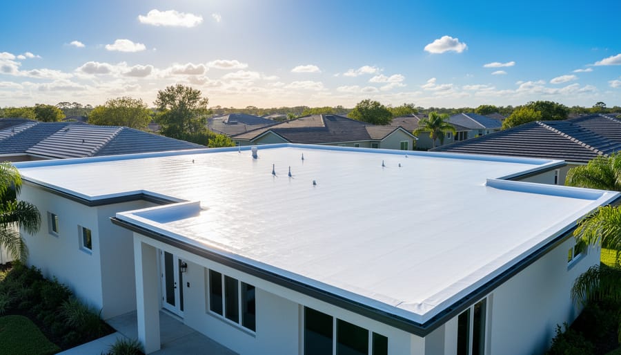 Modern residential home with reflective white TPO roof under sunny sky