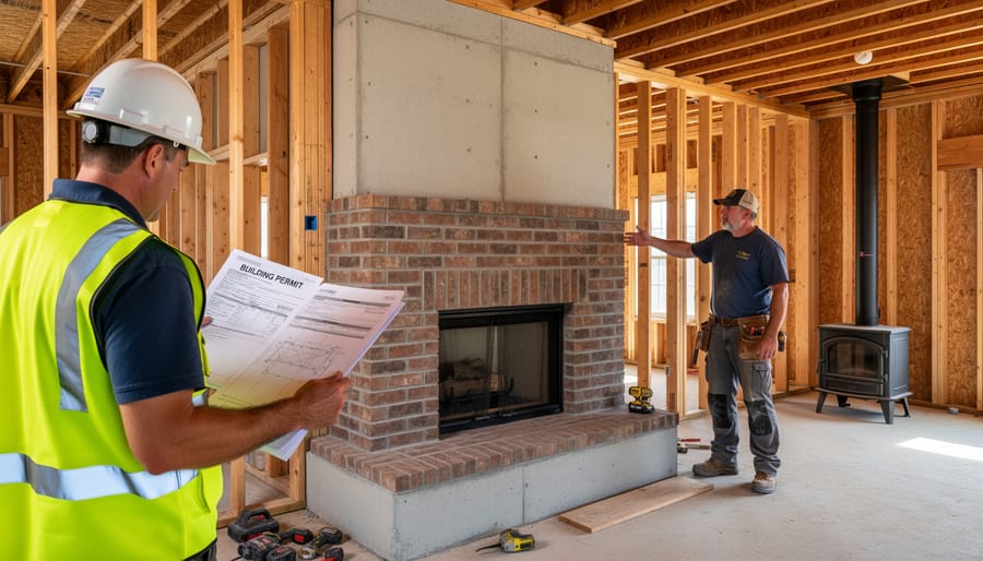 Traditional brick masonry fireplace with wooden mantel in residential home