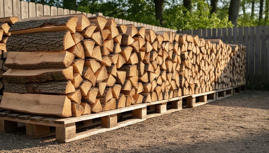 Traditional row stack of firewood elevated on wooden pallets with proper ground clearance