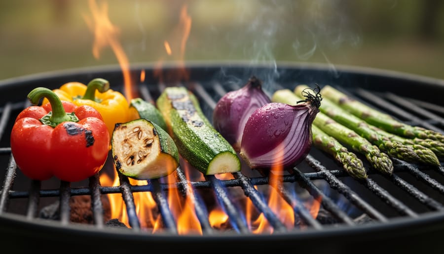 Bell peppers and tomatoes being charred over blue gas flames in cast iron skillet