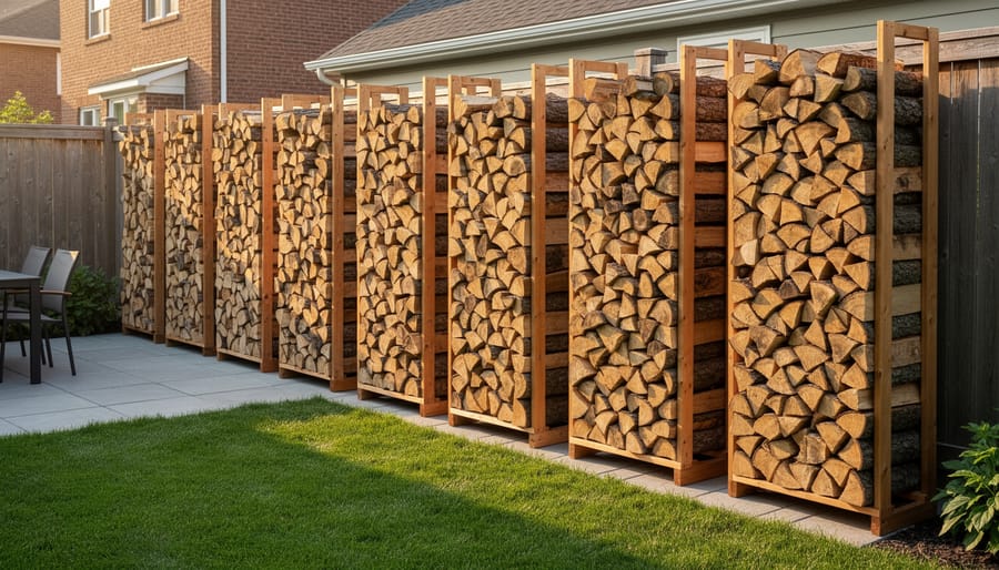 Vertical tower stack of firewood against fence in narrow side yard