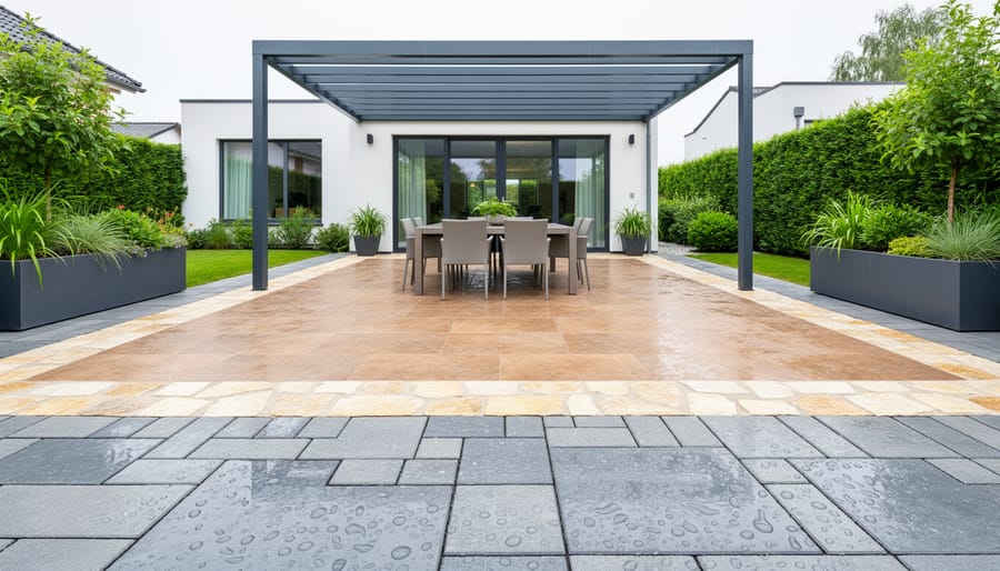 Mixed-material backyard patio with interlocking concrete pavers, a porcelain tile dining zone, and a natural stone border, shown after light rain with water beading; contemporary home, planters, and a pergola in the background, no people.