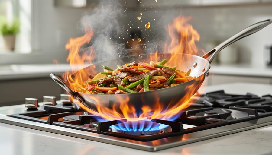 Carbon steel wok with stir-fried vegetables over high gas flames