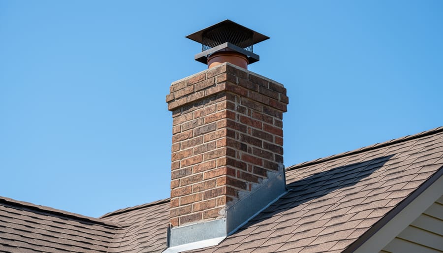 Exterior brick chimney showing chimney cap, flue, and structural components against sky